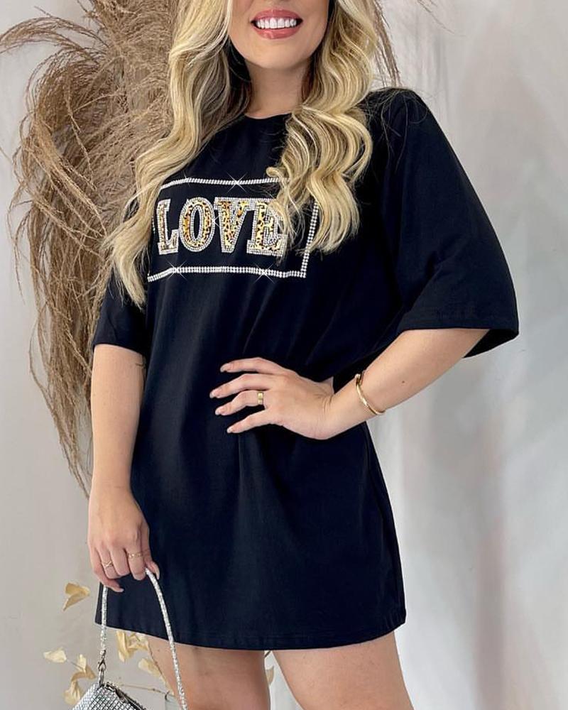 

Rhinestone Letter Pattern Casual T-shirt, Black