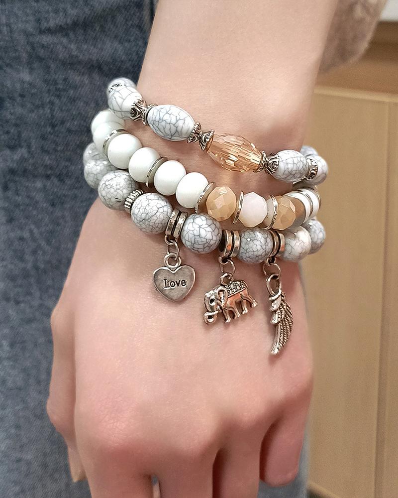 

Ensemble de bracelets perlés à motif d'aile de coeur d'éléphant d'amour 3 pièces, Gray