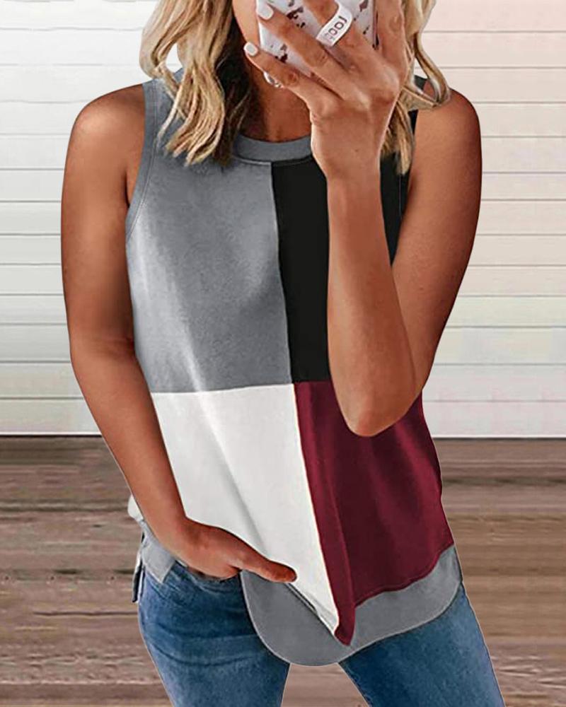 

Colorblock Round Neck Casual Tank Top, Wine red