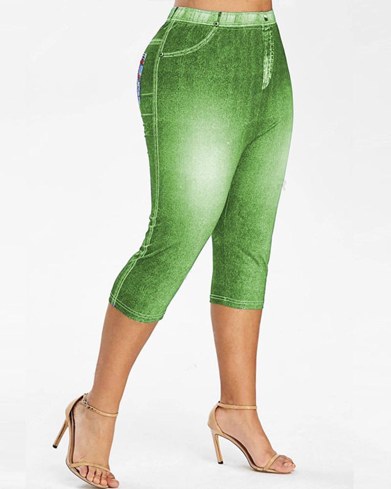 

Denim Look Print Capris Leggings, Green