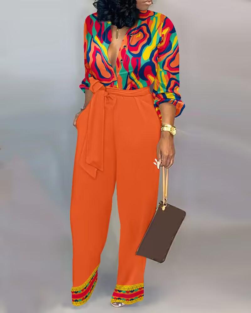 

Multi-Color Abstract Print Tied Detail Casual Jumpsuit, Orange