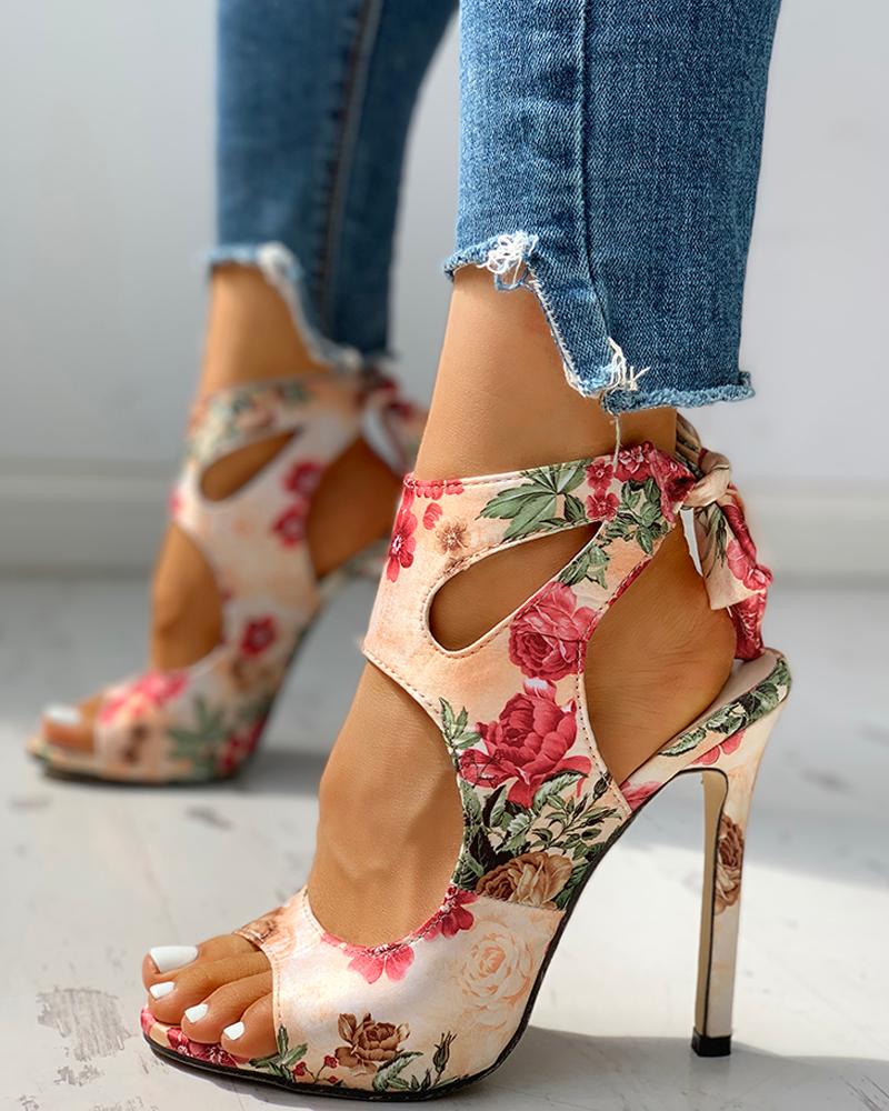 

Floral Print Peep Toe Cut Out Thin Heeled Sandals, Apricot