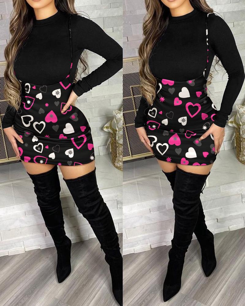 

Valentine's Day Long Sleeve Top & Heart Print Suspender Skirt Set, Black