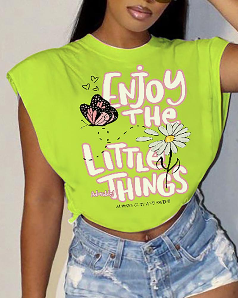 

Butterfly Letter Print Cap Sleeve T-shirt, Green