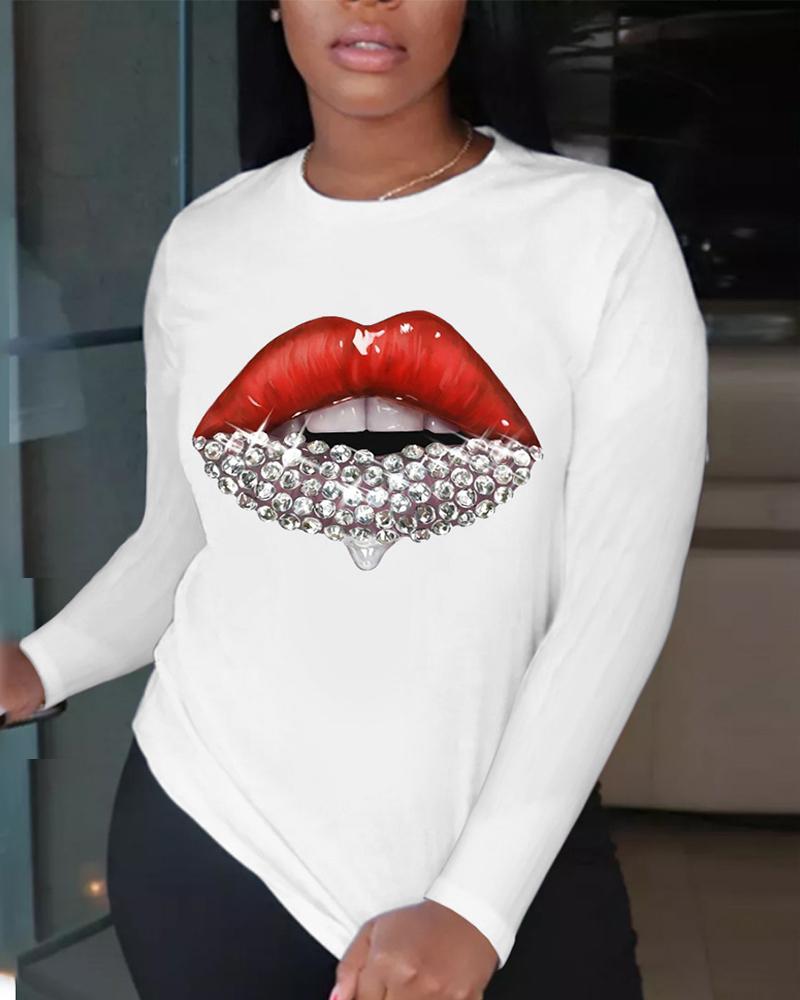 

Lip Print Long Sleeve Casual Top, White