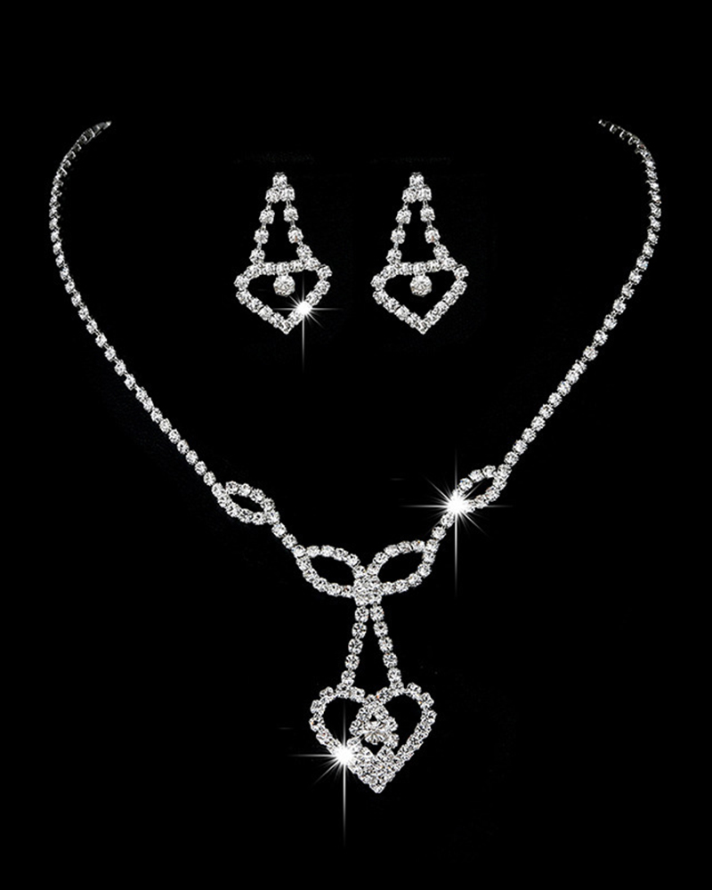 

2pcs Hollow Out Heart Rhinestone Necklace & Drop Earrings Jewelry Set, Silver