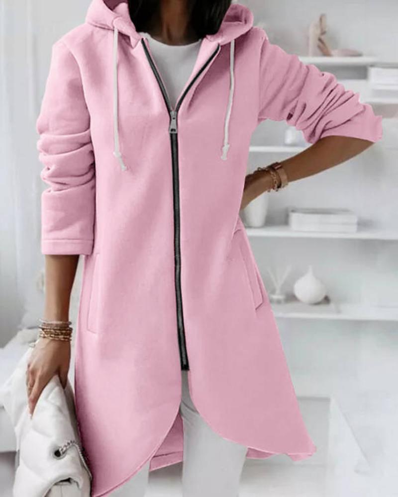 

Long Sleeve Zip Up Hooded Coat, Pink