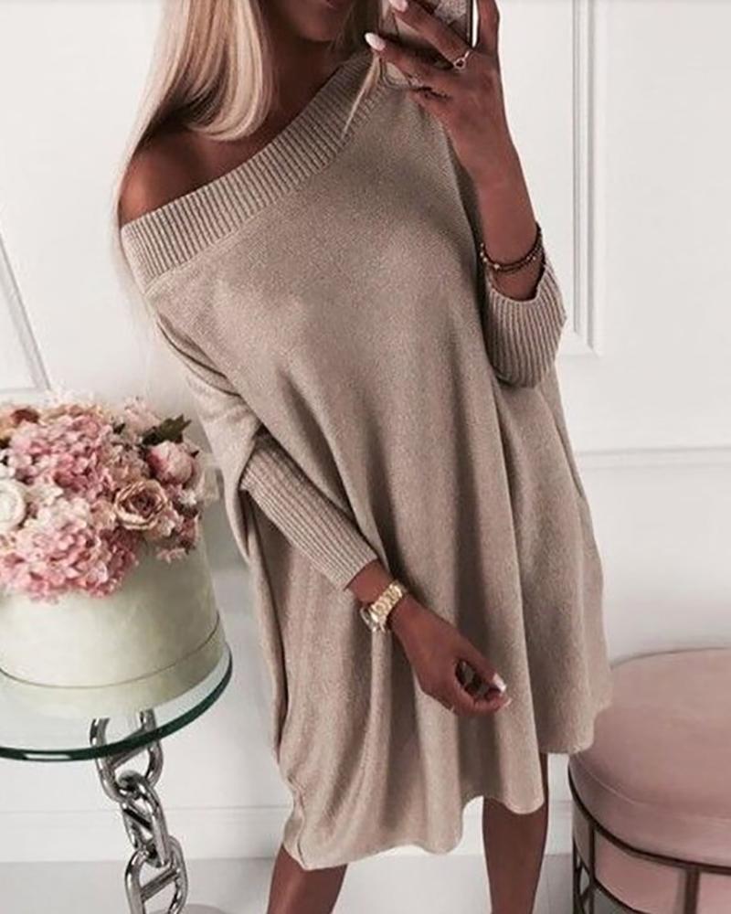 

Plain Batwing Sleeve Knit Sweater Dress, Khaki