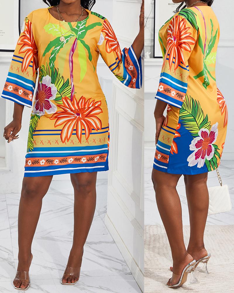 

Tropical Print Boat Neck Casual Dress, Yellow