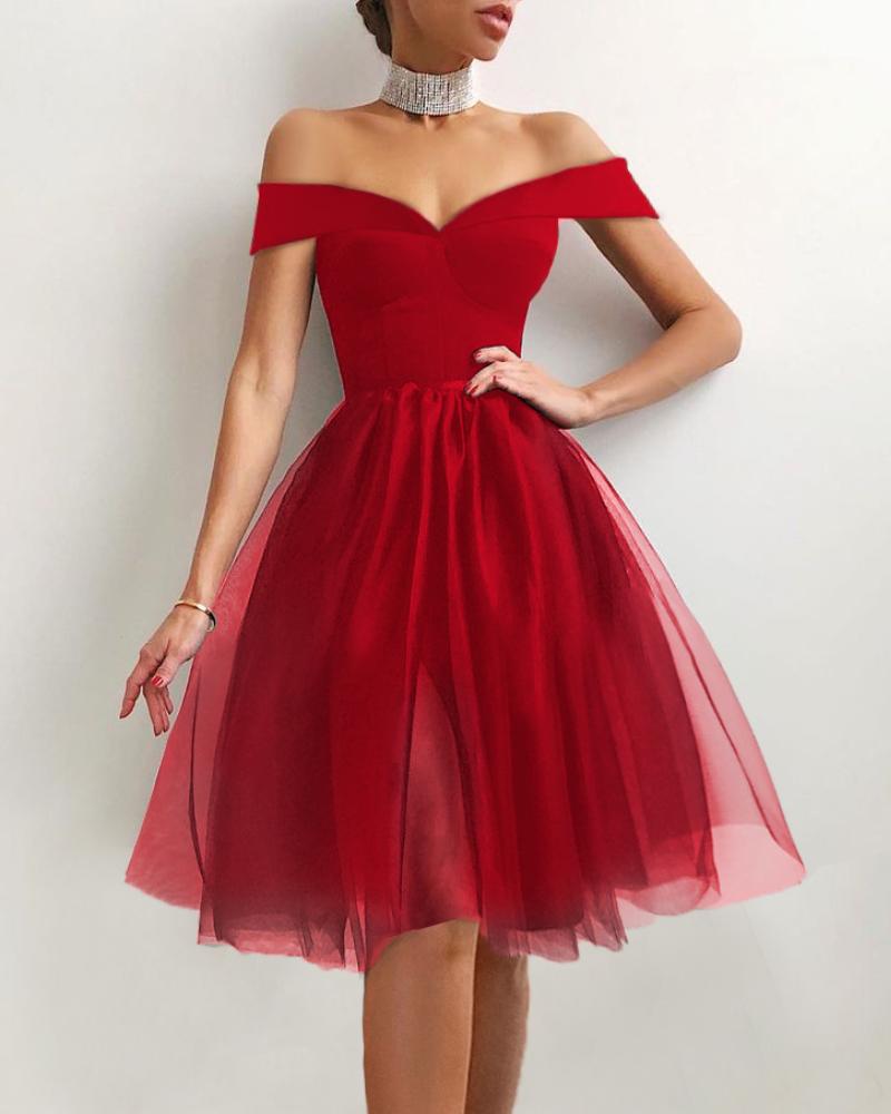 

Elegant Off Shoulder Binding Layered Mesh Cocktail Dress, Red