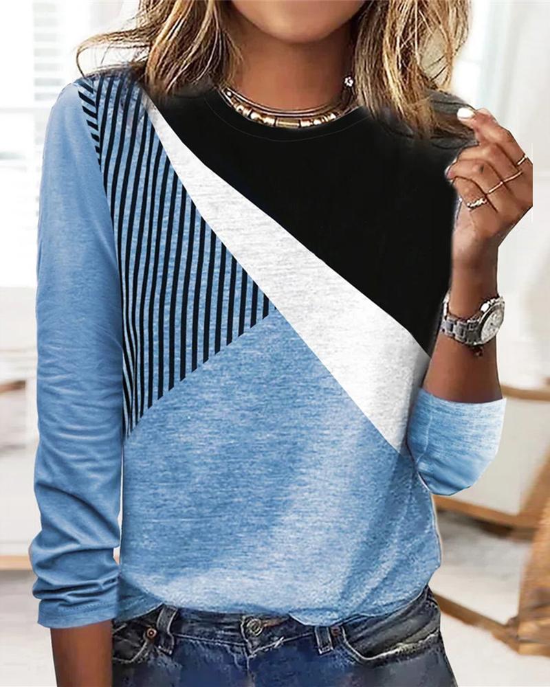 

Colorblock Long Sleeve Casual Top, Blue