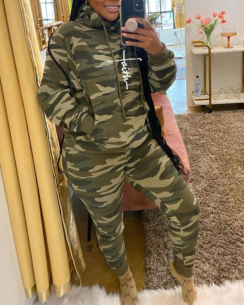 

Camouflage Letter Print Hooded Top& Pants Set, Camoflage