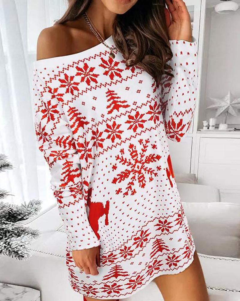

Christmas Snowflake Elk Print Long Sleeve Dress, Red