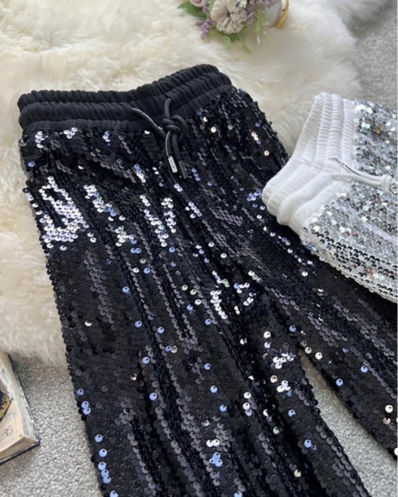 

Drawstring Wide Leg Sequin Pants, Black
