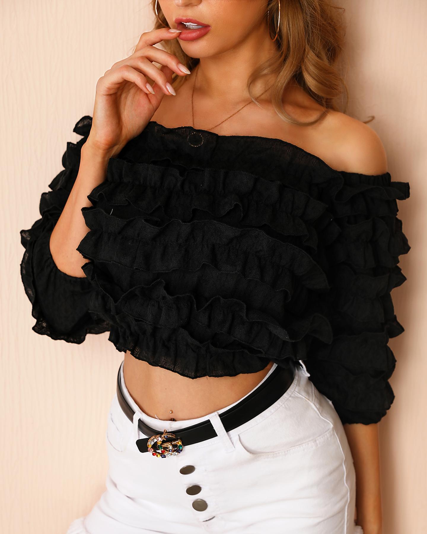 

Off Shoulder Ruched Frill Hem Women Blouse, Black