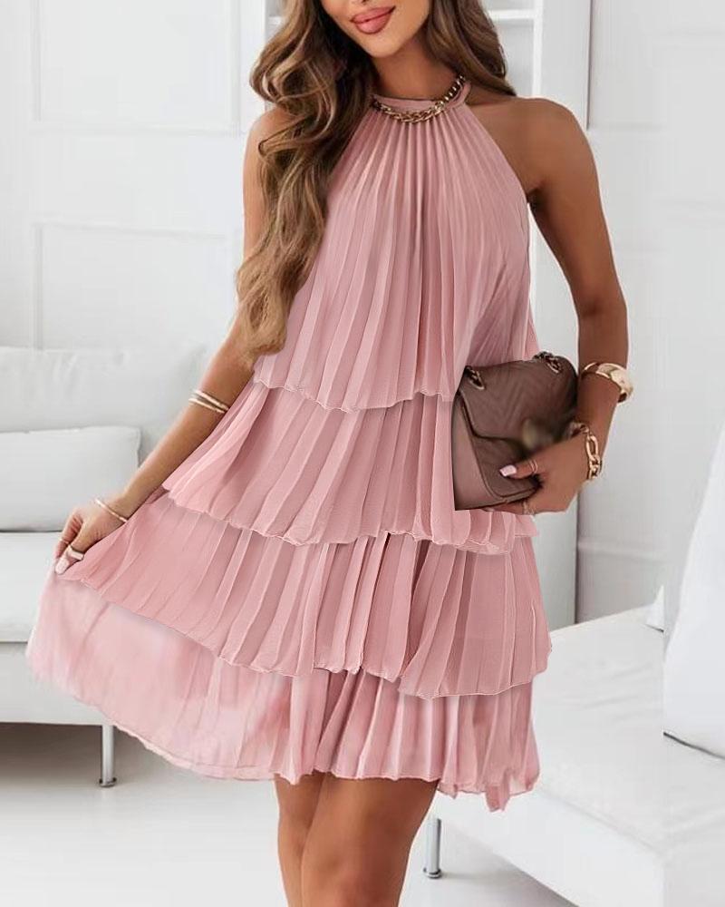 

Sleeveless Halter Pleated Layered Dress, Pink