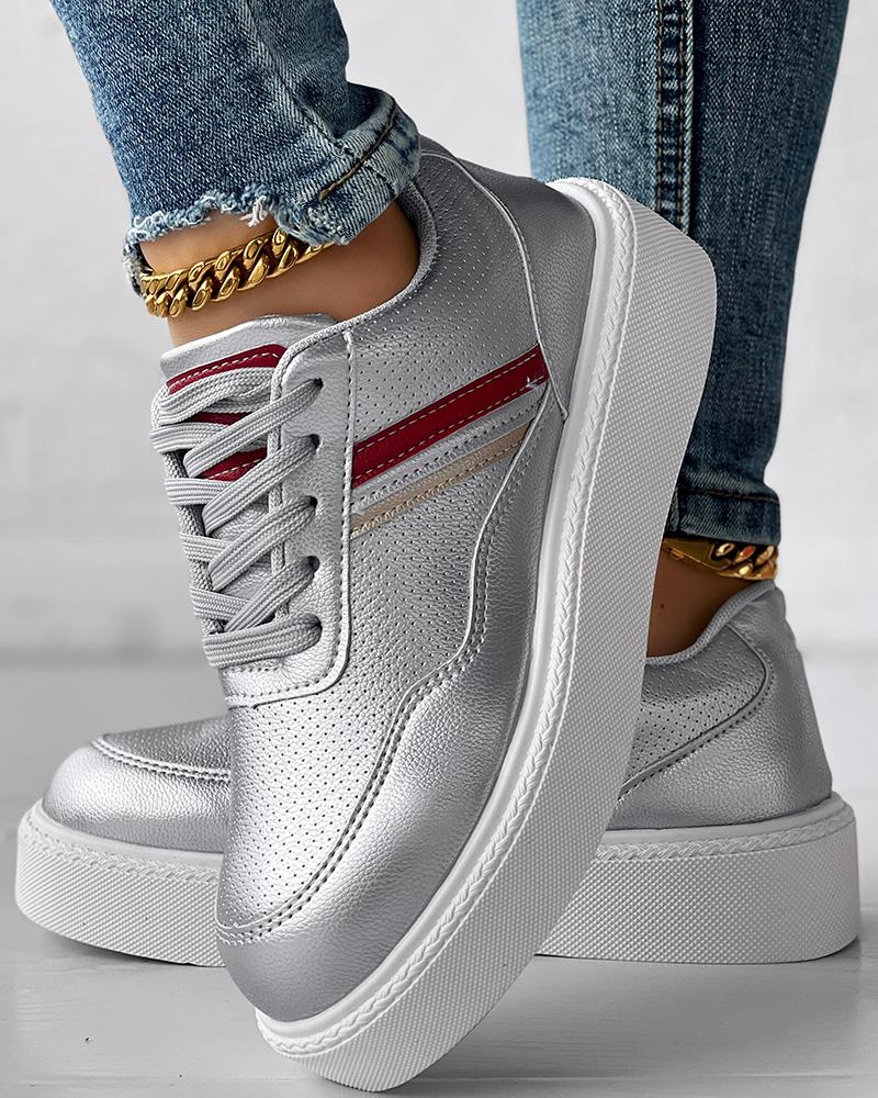 

Striped Lace-up Platform Casual Sneakers, Silver