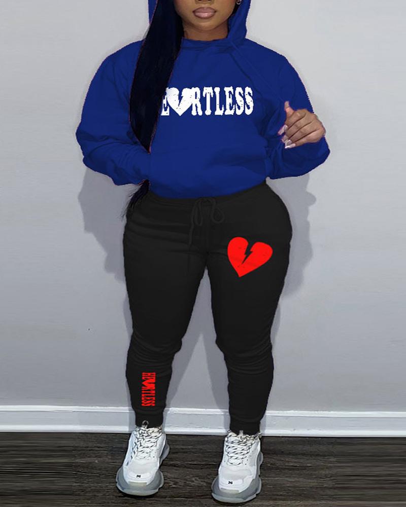 

Plus Size Valentine's Day Heart Letter Print Hoodie & Pants Set, Blue