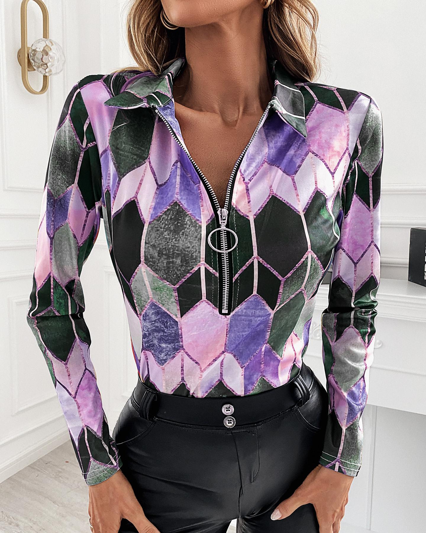 Kaufen Zipper Design Geometric Print Top. Bild