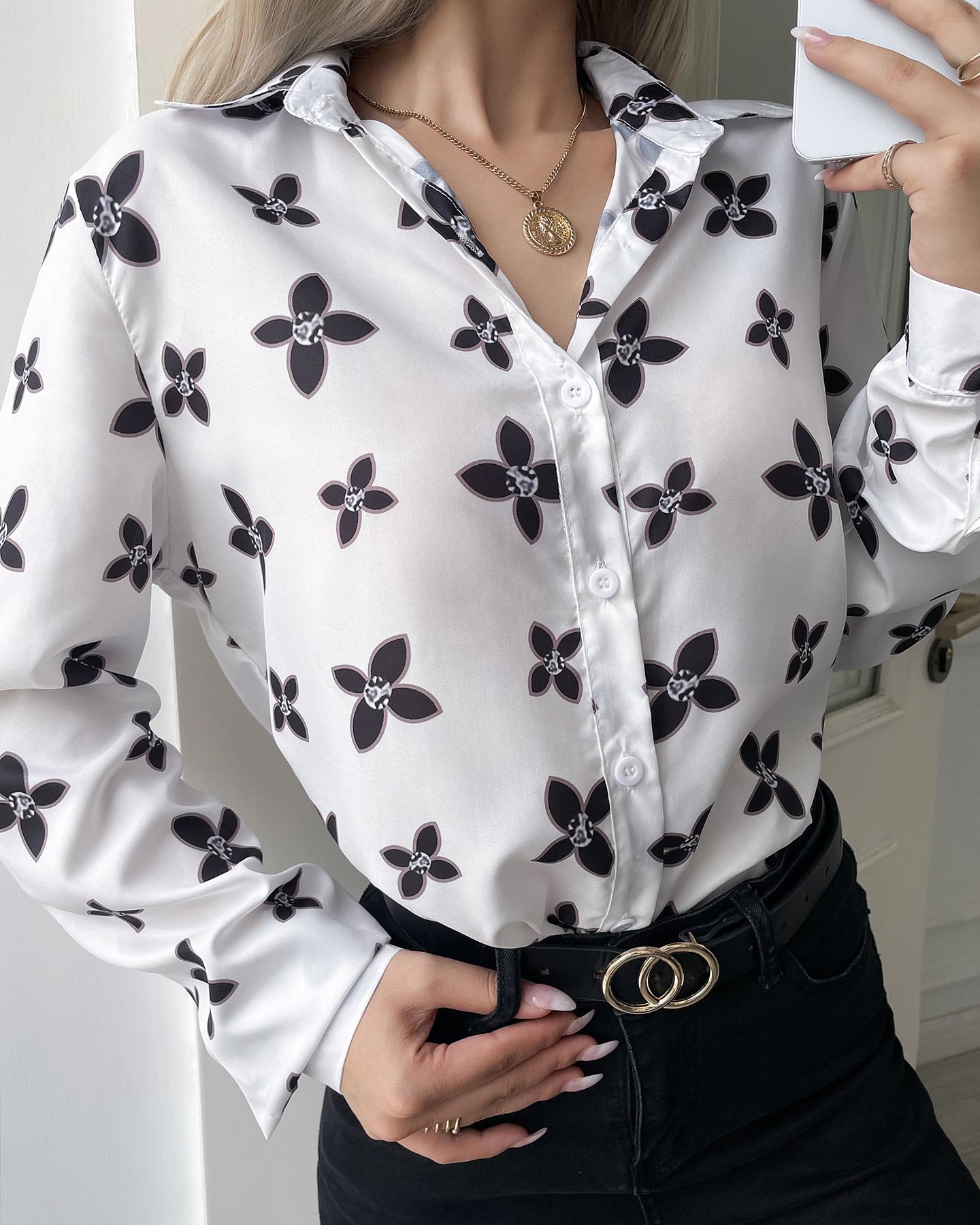 

All Over Print Long Sleeve Button Front Shirt, White
