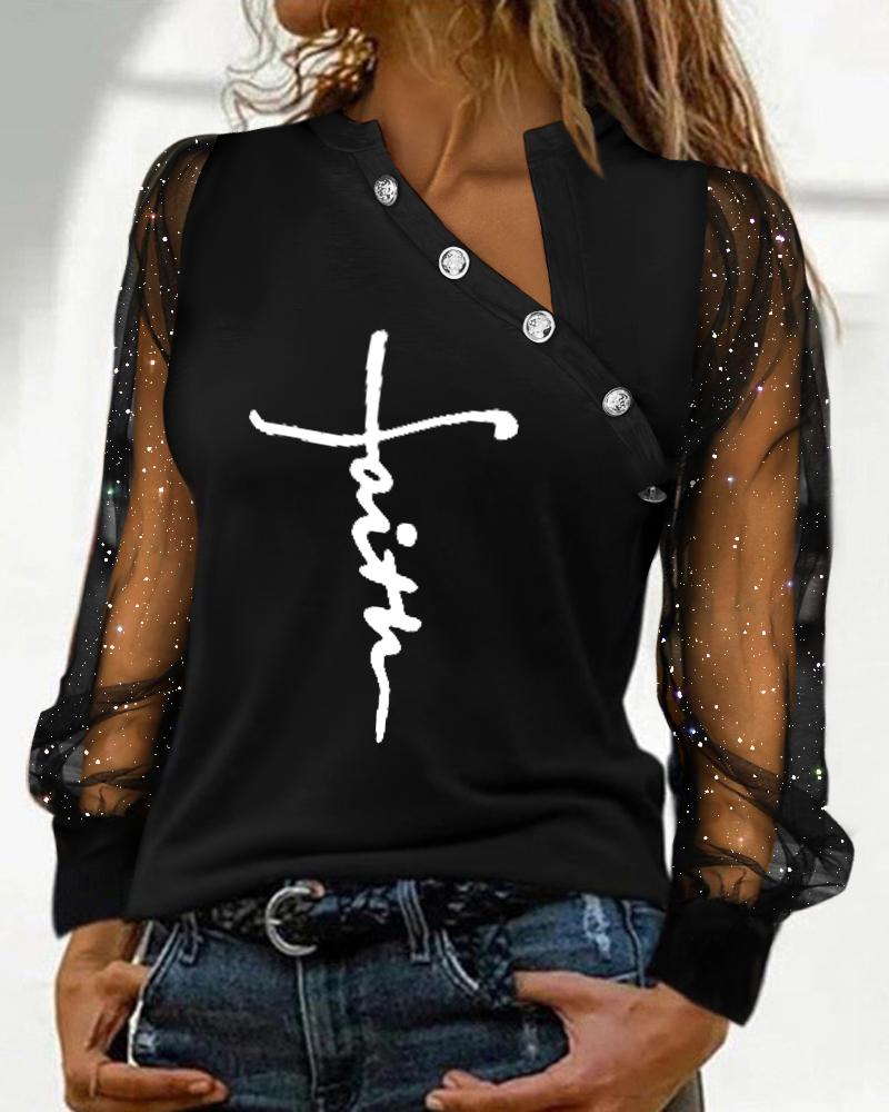 

Letter Print Glitter Sheer Mesh Long Sleeve Top, Black