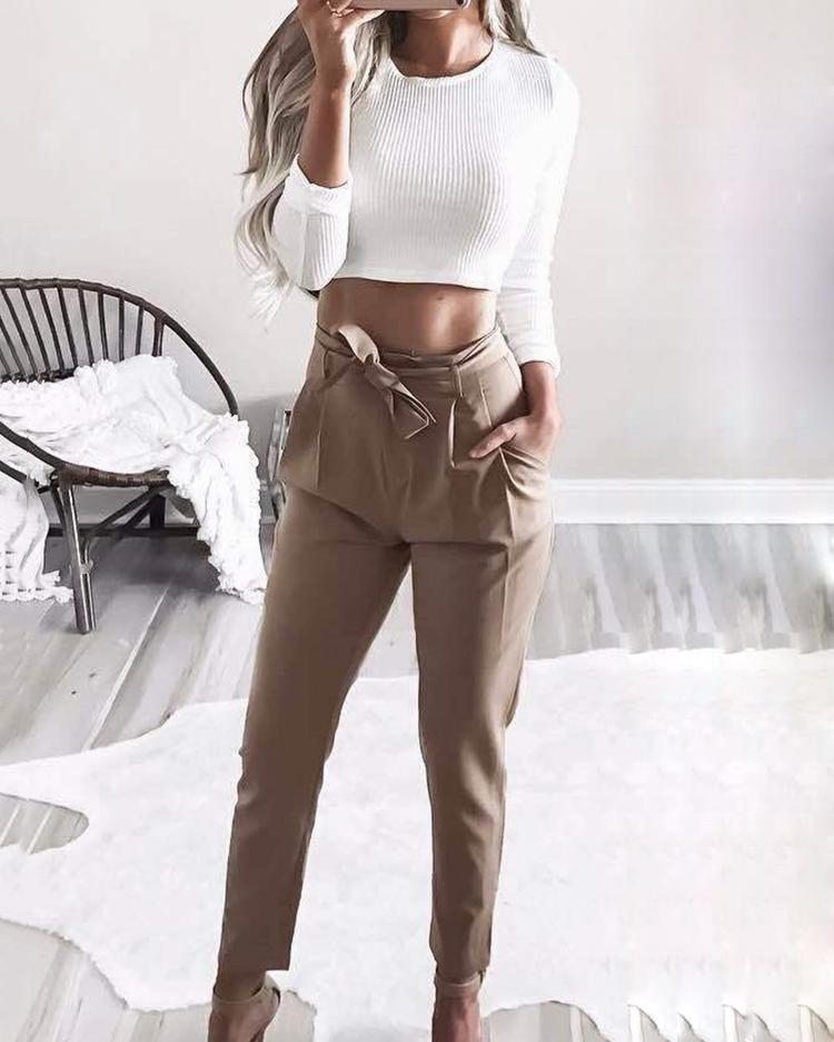 

Sexy Eyelet Lace-up Back Knitted Cropped Top, White