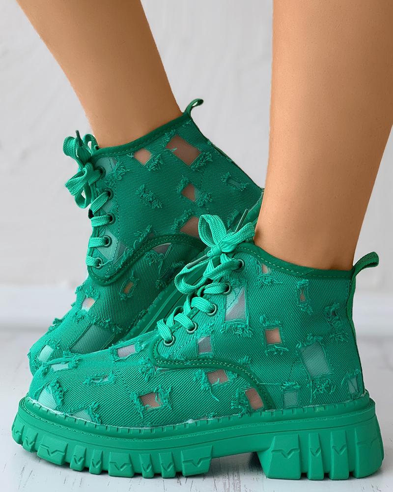 

Eyelet Lace-up Mesh Patch Denim Boots, Green