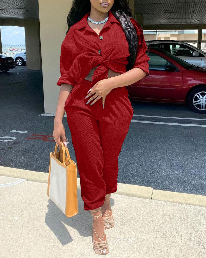 

Corduroy Knot Button Front Top & Pants Set, Red