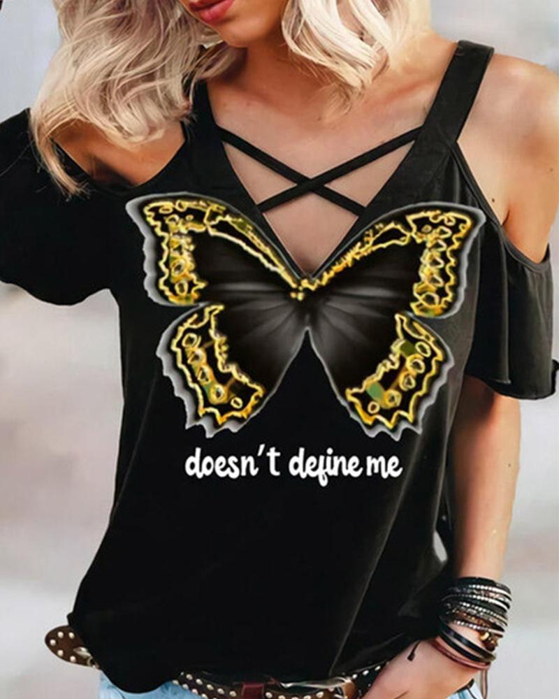 

Butterfly & Letter Print Cut-out Short Sleeve T-shirt, Black