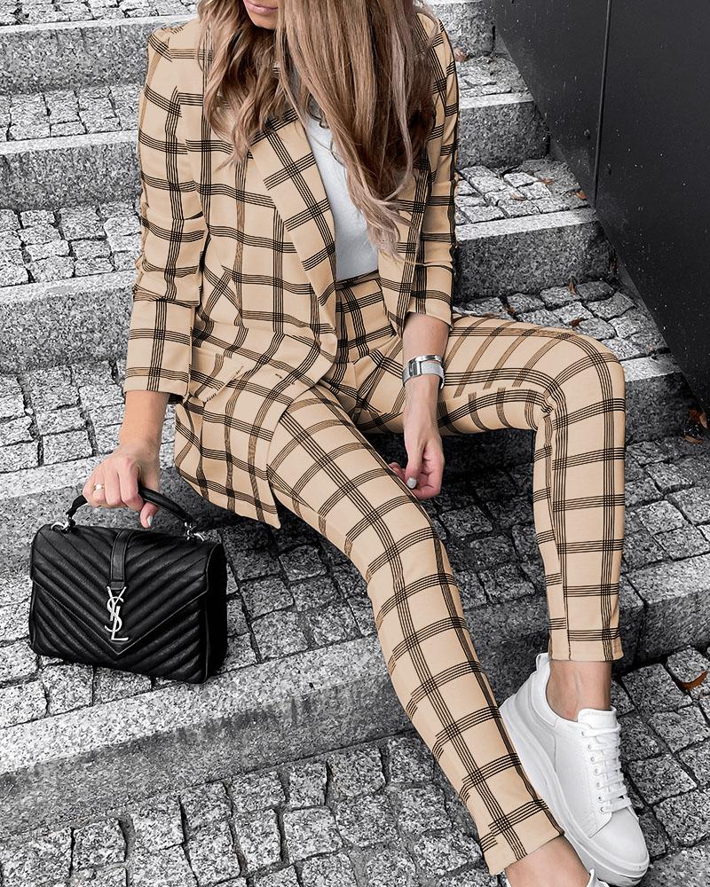 

Long Sleeve Plaid Print Blazer Coat & Pants Set, Khaki