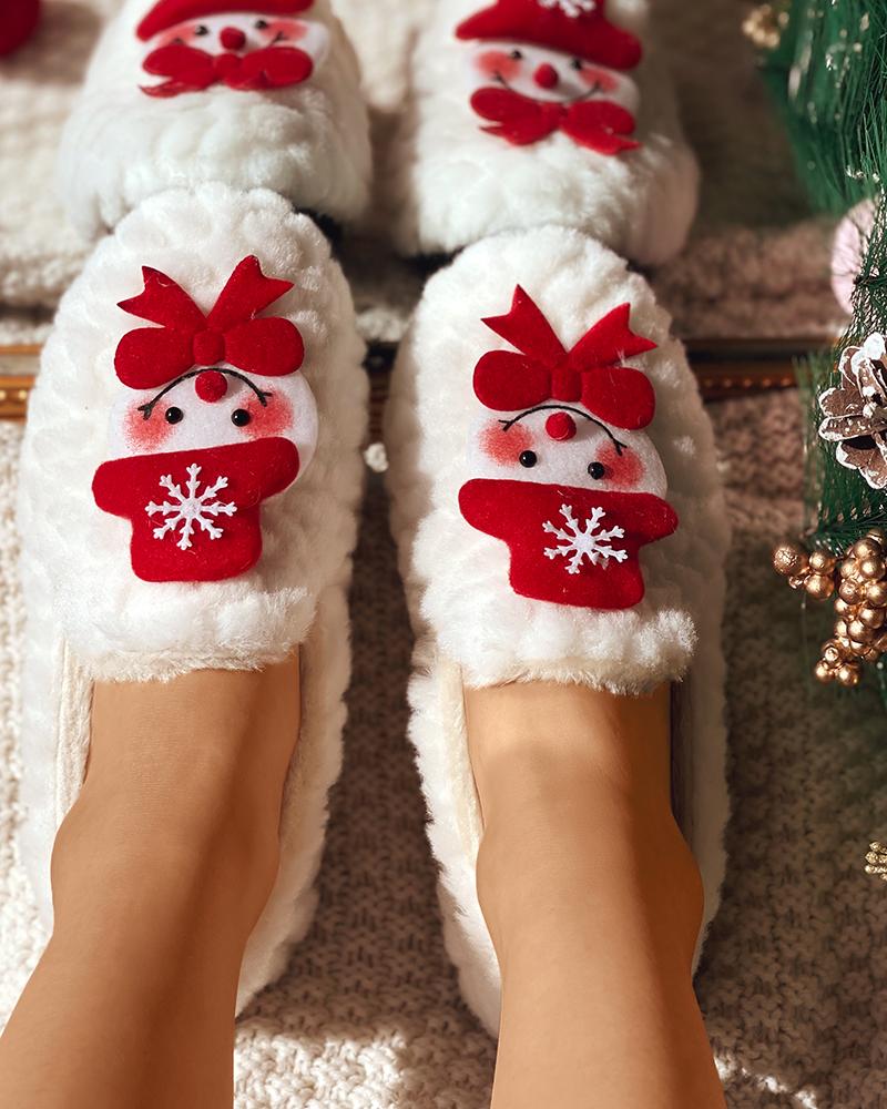 

Christmas Snowman Decor Fluffy Slip On Shoes, Beige