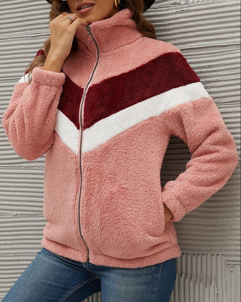 

High Neck Colorblock Zipper Design Teddy Coat, Pink