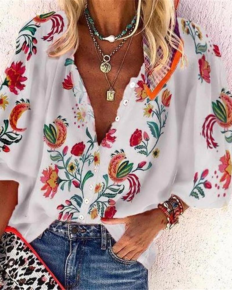 

Floral Print Buttoned Half Sleeve Top, White