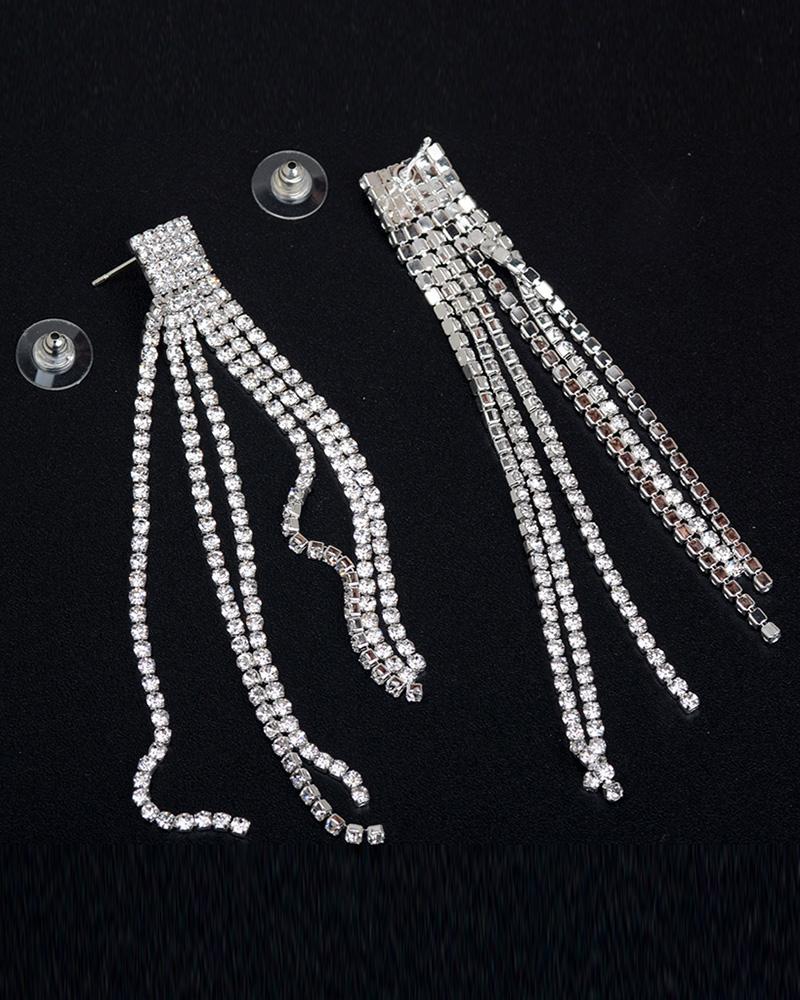 

1Pairs Multi Tassel Design Rhinestone Drop Earrings, Silver