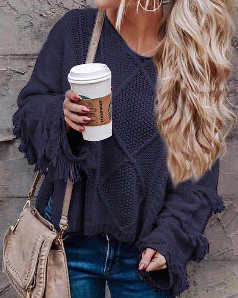 

Tassel Hollow Out Knit Sweater, Dark blue