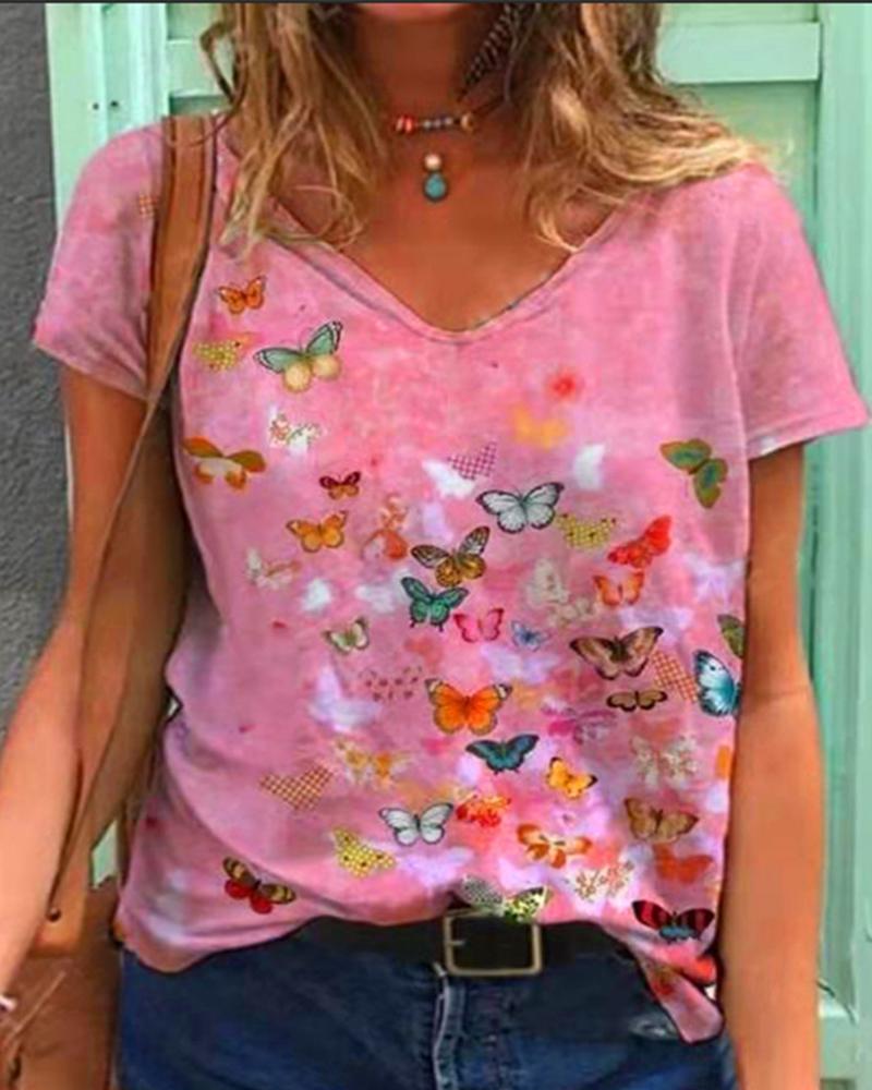 

Butterfly Print V Neck Short Sleve Casual T-Shirt, Style2