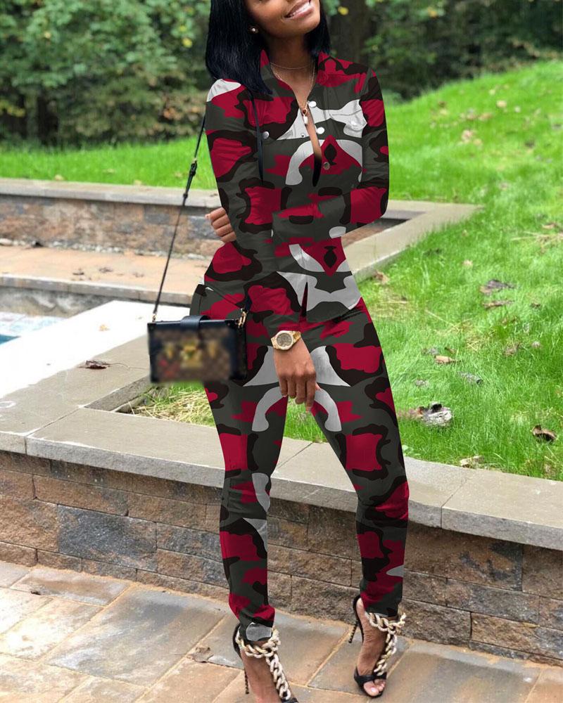 

Camouflage Print Long Sleeve Shirt & Pants Set, Red