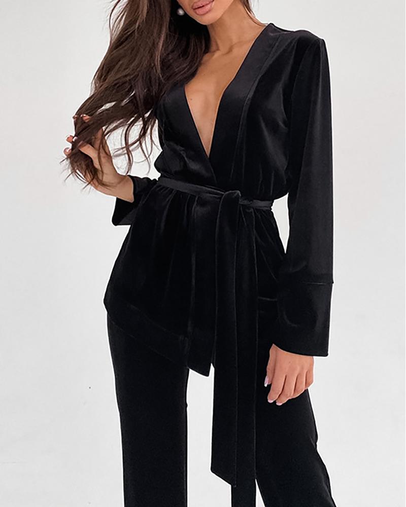 

Velvet Long Sleeve Tied Detail Pajamas Set, Black