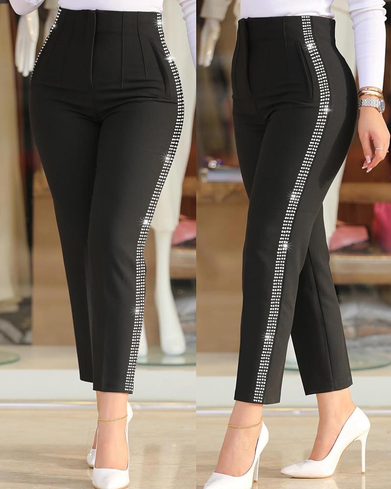 

Rhinestone Decor High Waist Work Pants, Black