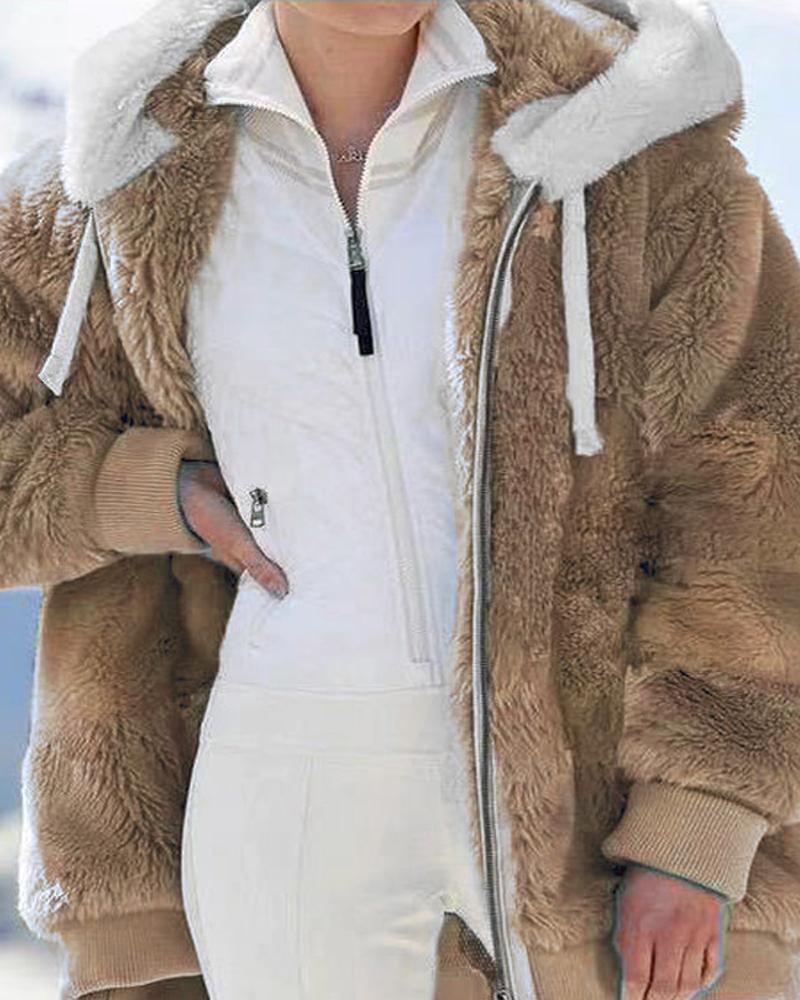 

Long Sleeve Fuzzy Hooded Zip Up Teddy Coat, Khaki