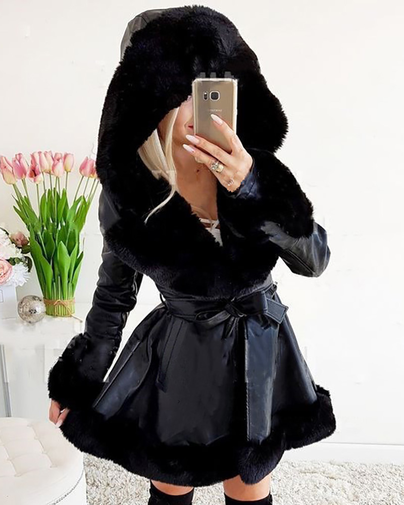 

PU Leather Faux Fur Patch Ruffles Hooded Coat With Belt, Black