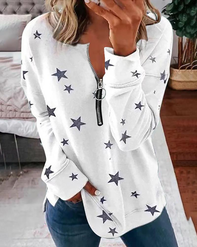 

Zipper Front Star Print Long Sleeve Top, White