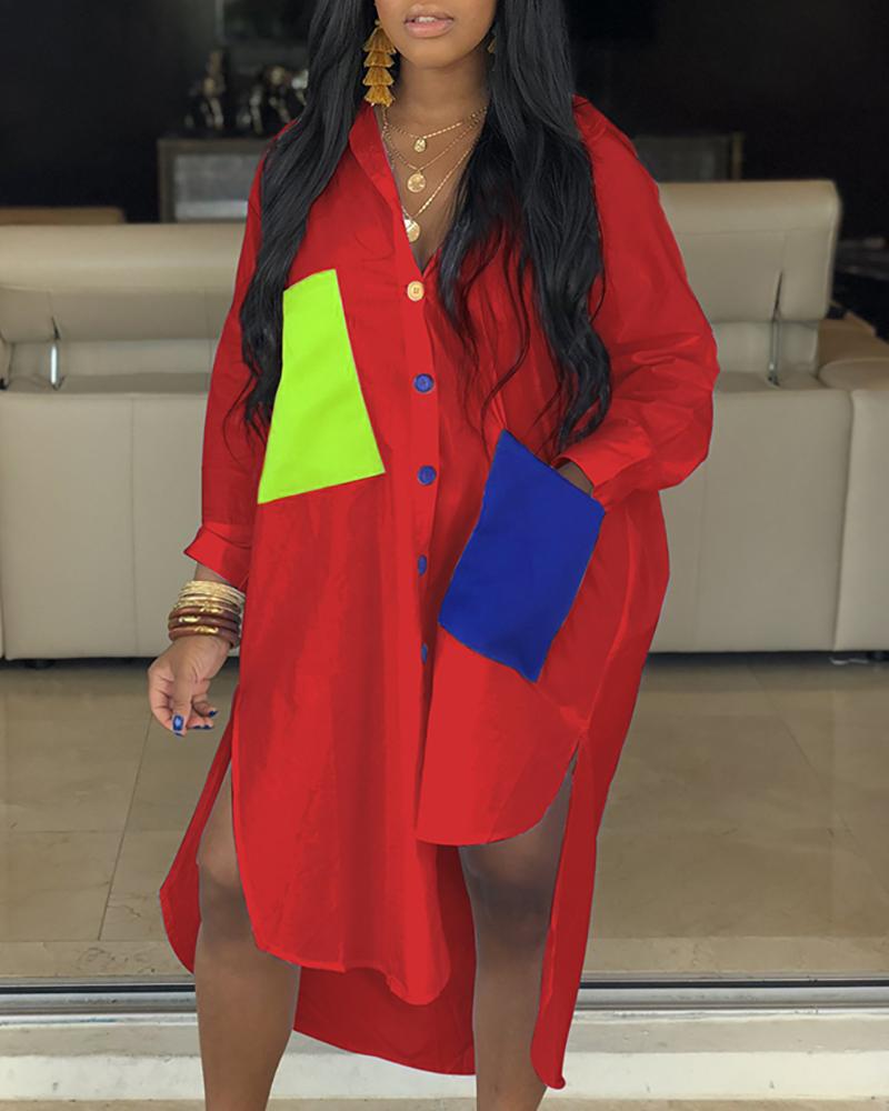 

Colorblock Pocket Design Irregular Women Shirt Dress, Red