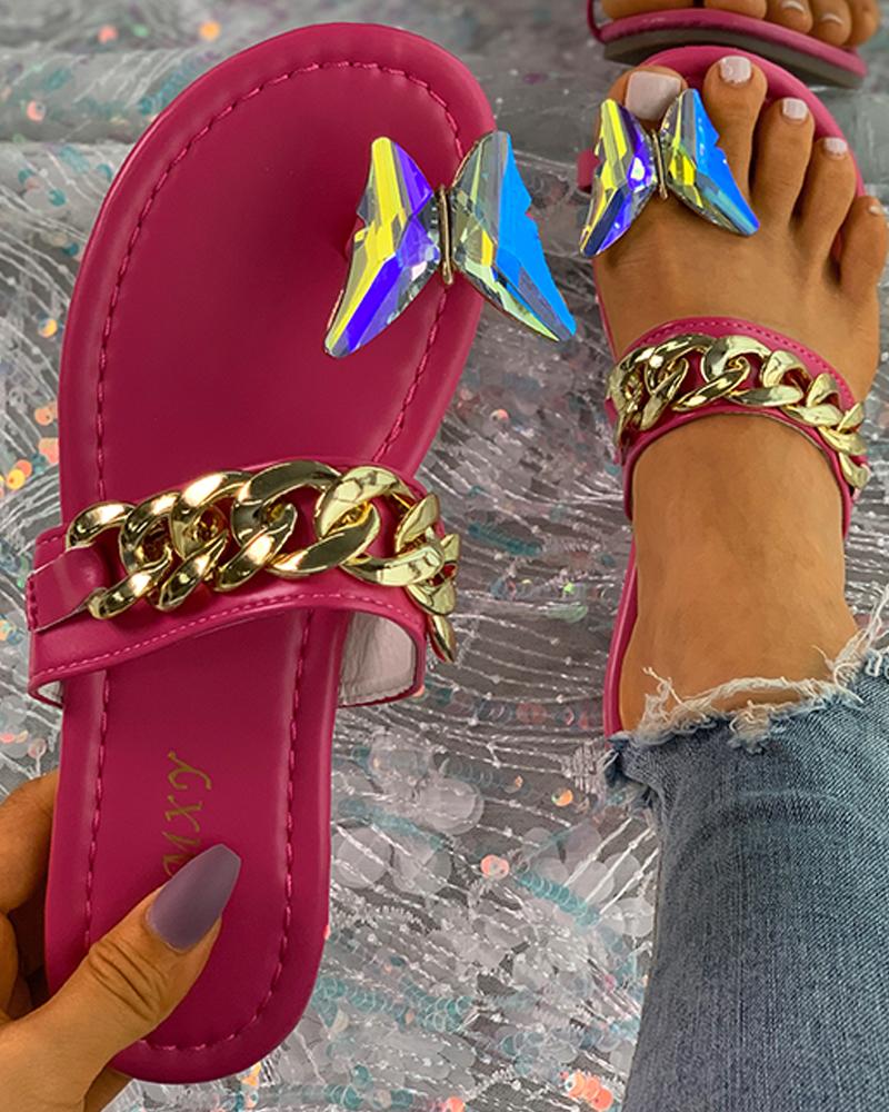 

Chain Decor Butterfly Pattern Toe Ring Slippers, Hot pink