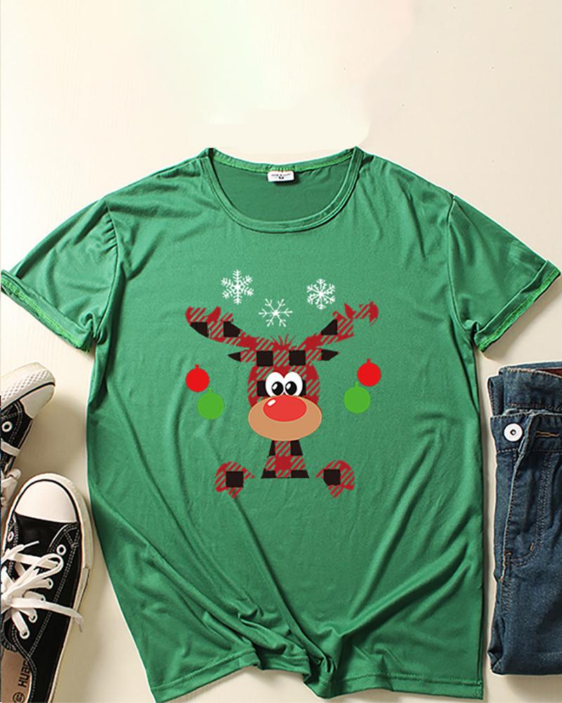 

Christmas Elk Snowflake Plaid Print Short Sleeve T-shirt, Green