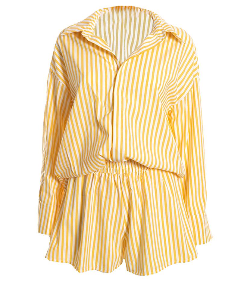 

Striped Button Design Top & High Waist Shorts Set, Yellow