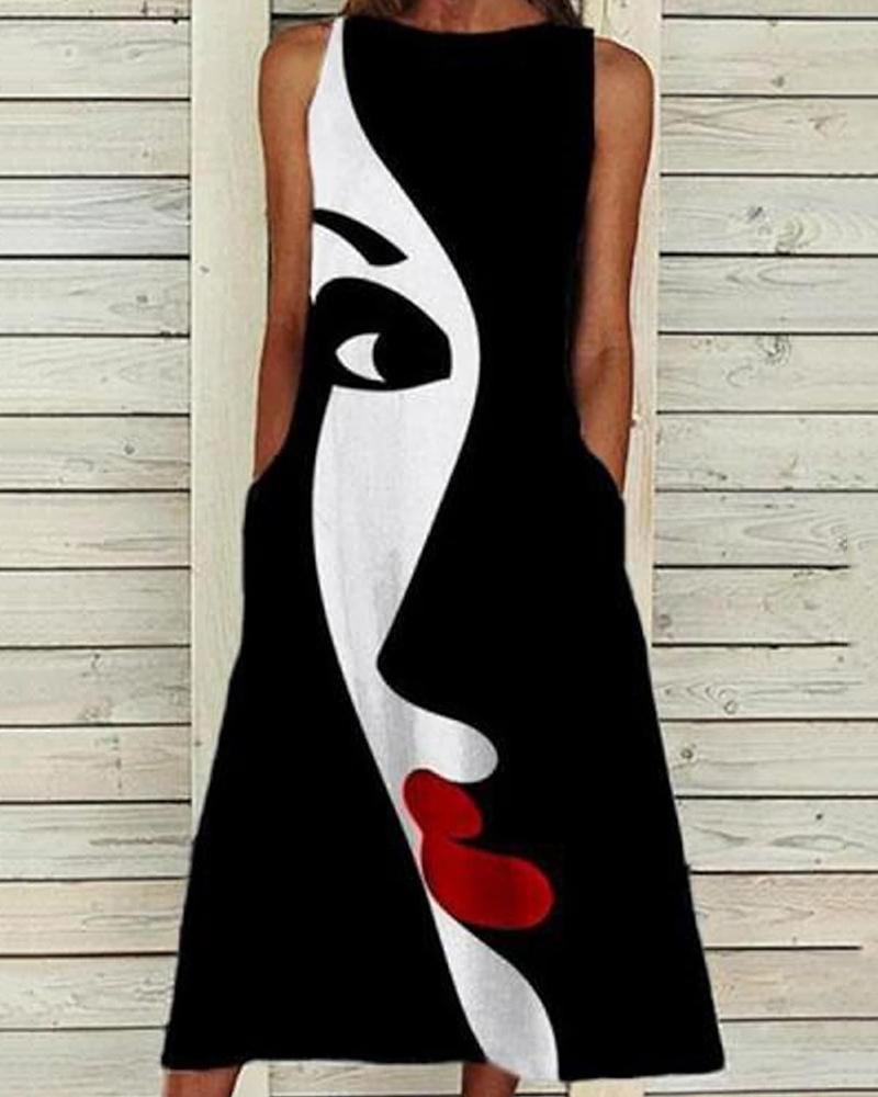 

Figure Print Pocket Design Casual Dress, Black