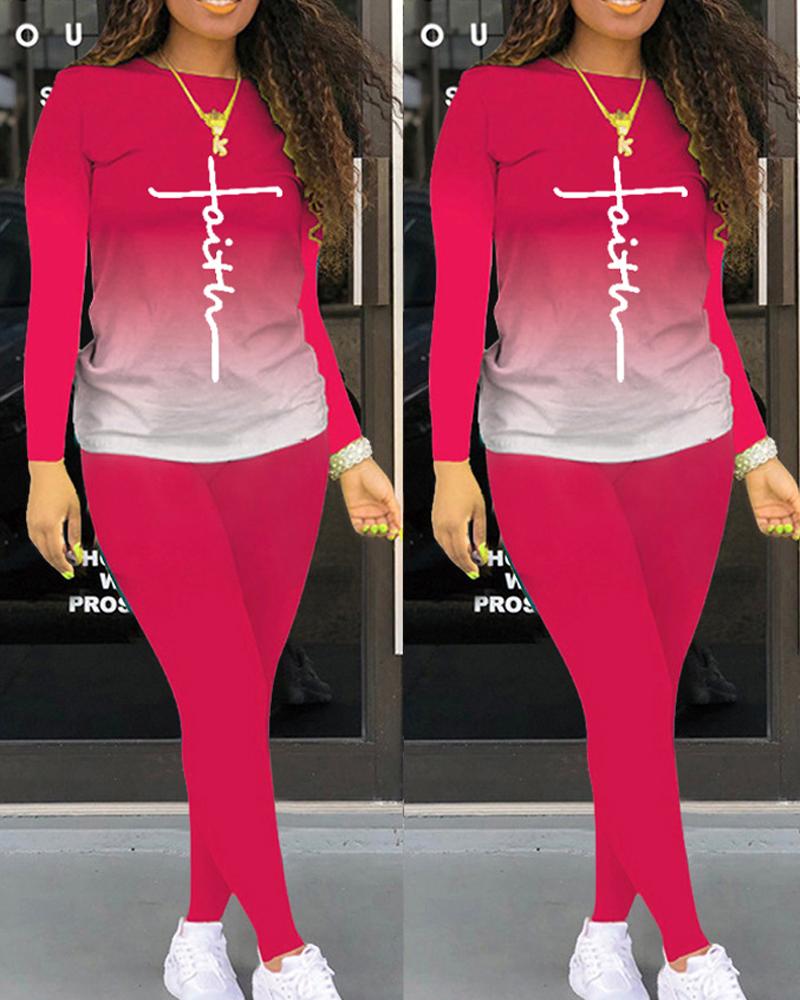 

Plus Size Letter Print Ombre Long Sleeve Top & Pants Set, Hot pink