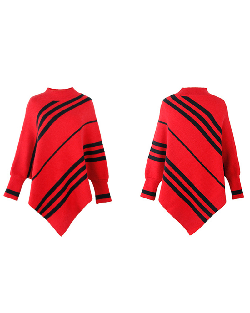 

Striped Cape Sleeve Poncho Sweater, Red