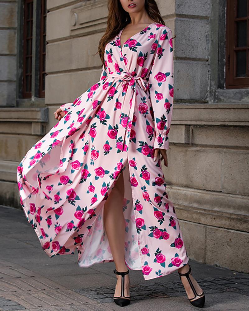 

Floral Print Plunge High Slit Maxi Dress, Pink